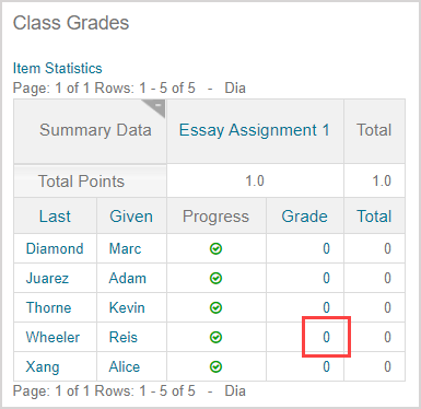 A sample gradebook search results table showing complete and passed icons and a grade of 0.